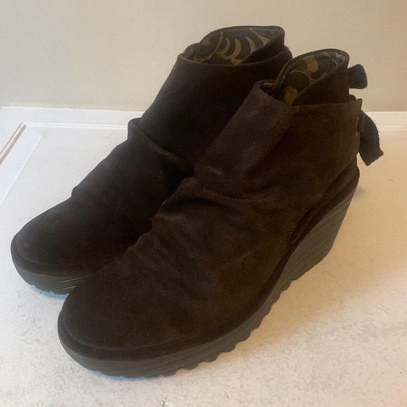 NEW FLY London Suede Ruched Ankle Boots w/ Tie YEBI Size 8.5 Euro 40 ESPRESSO - Picture 4 of 14